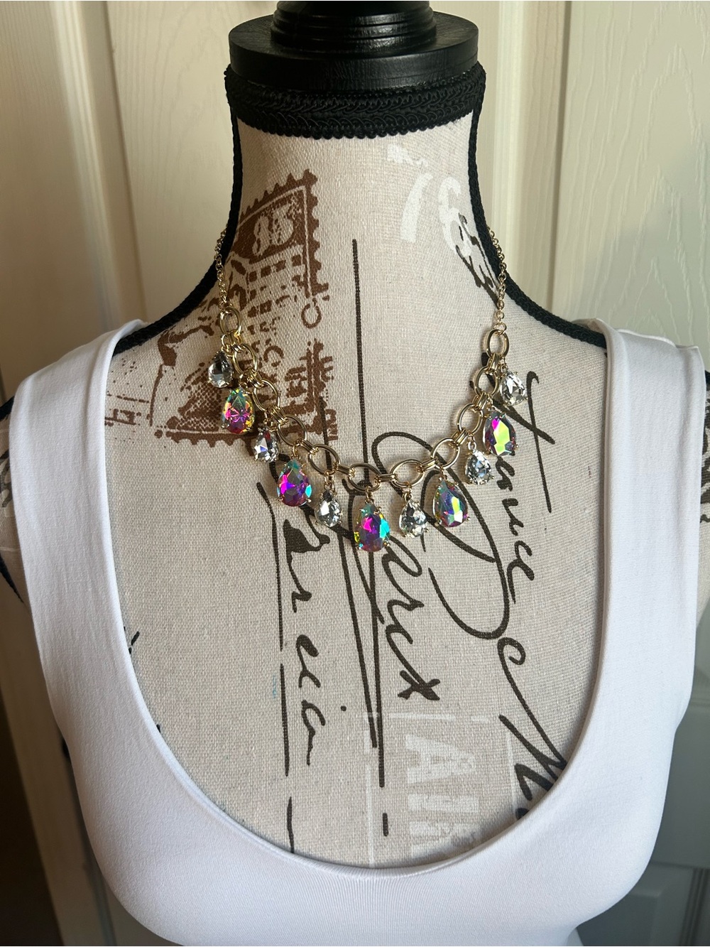 Gold Chain Statement Necklace with Iridescent and Clear Crystals